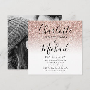 Simple Rose Gold Glitter Script Wedding Photo Invitation