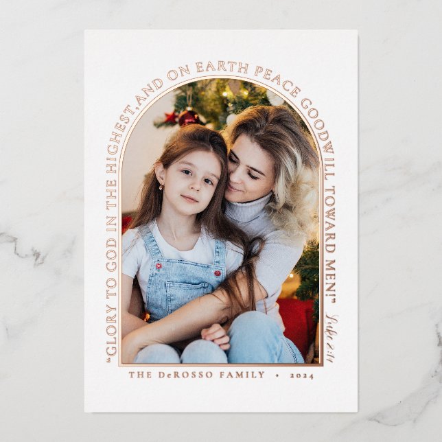 Simple Rose Gold Greenery Photo Collage Christmas Foil Holiday Card (Front)