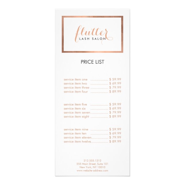 Simple Rose Gold Lash Salon Logo Rack Card (Front)