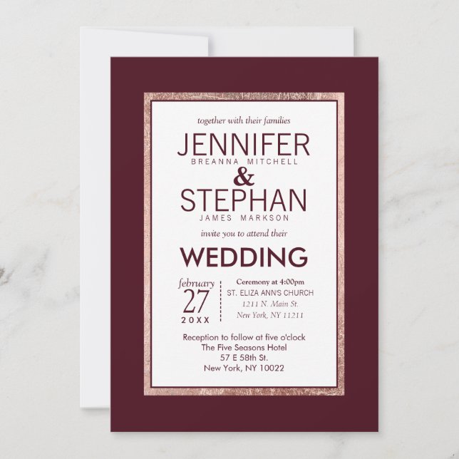 Simple Rose Gold Lined Burgundy Wedding Invitation (Front)
