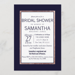 Simple Rose Gold Lined Navy Blue Bridal Shower Invitation