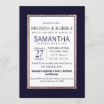 Simple Rose Gold Lined Navy Blue Brunch Bubbly Invitation<br><div class="desc">Modern, simple, and elegant faux printed rose gold pinstripe outline on navy blue and white, Brunch and Bubbly Bridal Shower invitations. This classic and sophisticated design is perfect for the classy, stylish, and trendy Bride to be. Personalize with your own message on the front and a customized monogram on the...</div>