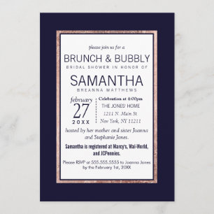 Simple Rose Gold Lined Navy Blue Brunch Bubbly Invitation