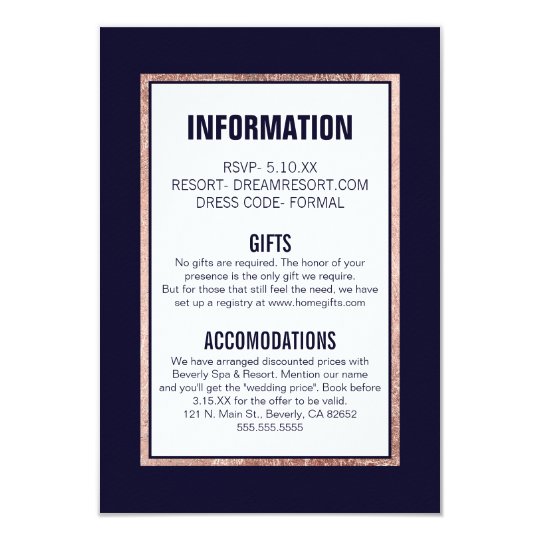 Simple Rose Gold Lined Navy Blue Wedding Details Card