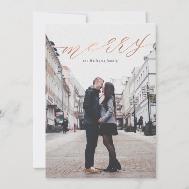 Simple Rose Gold Merry Christmas Photo Cards (Front)
