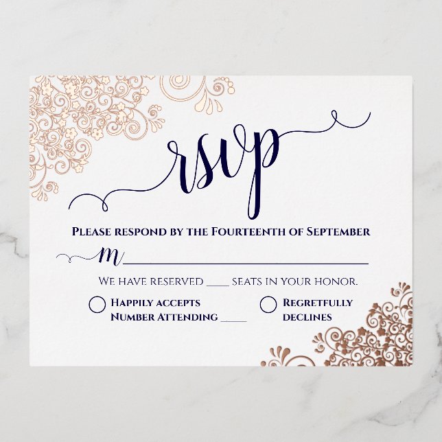 Simple Rose Gold & Navy Wedding RSVP Foil Invitation Postcard (Front)
