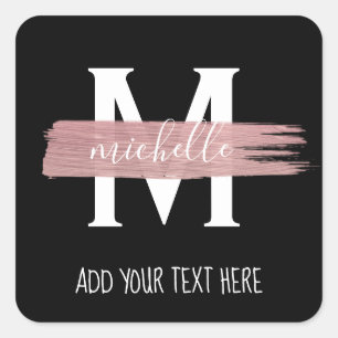Simple Rose Gold Paint Business Monogram Black Square Sticker