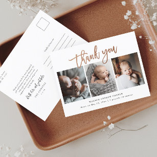 Simple Rose Gold Script 3 Photo Baby Thank You Postcard
