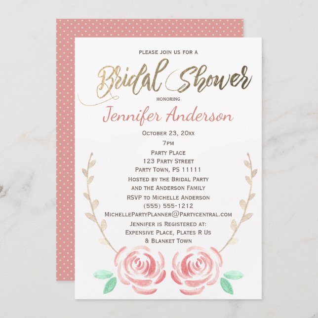 Simple Rose Gold Vine Polka Dot Bridal Shower Invitation (Front/Back)