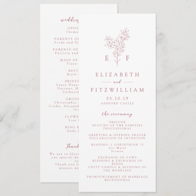 Simple Rose Pink Cherry Blossom Monogram Wedding Program (Front/Back)