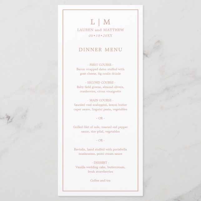 Simple Rose Pink Monogram Elegant Wedding Menu (Front)