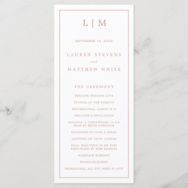 Simple Rose Pink Monogram Elegant Wedding Program (Front)