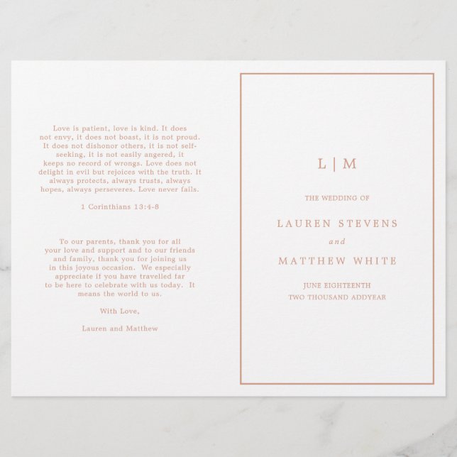 Simple Rose Pink Monogram Elegant Wedding Program (Front)