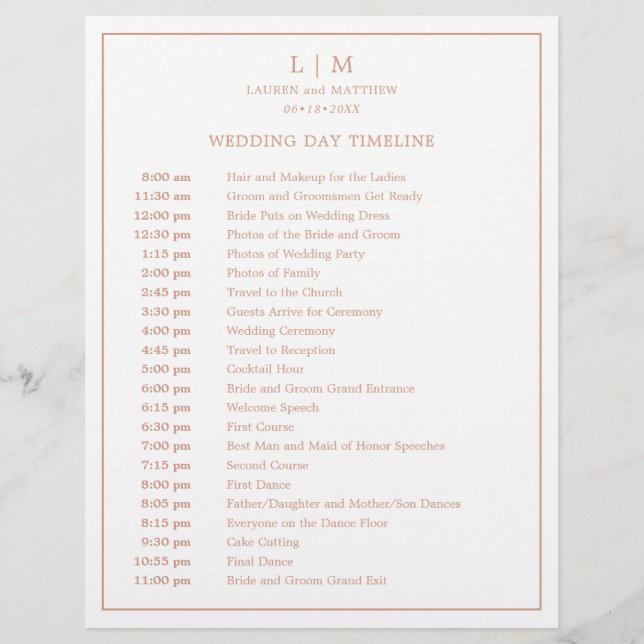 Simple Rose Pink Monogram Elegant Wedding Timeline (Front)