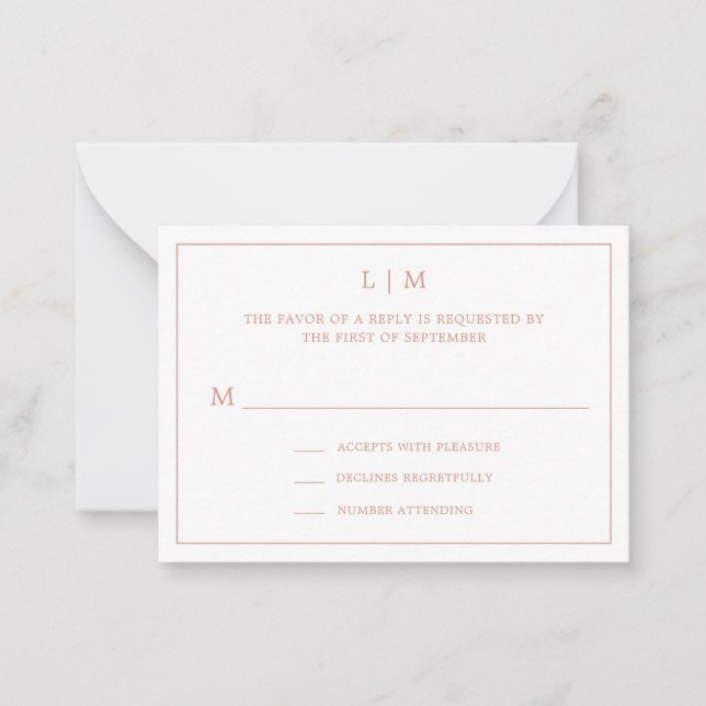 Simple Rose Pink Monogram Mini Wedding RSVP Card (Front)