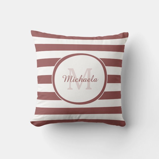 Simple Rosy Brown Bengal Stripes Monogrammed Name Throw Pillow (Front)