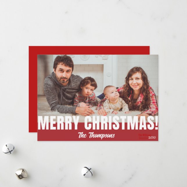 Simple Rouge Famille Noël Carte photo (Devant/Arrière en situation)