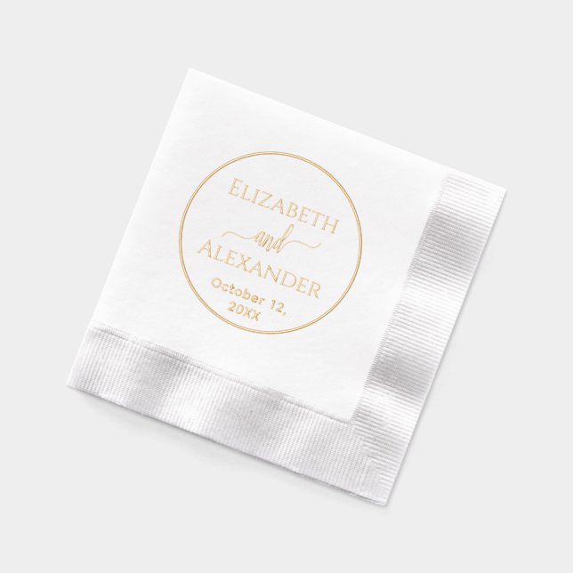 Simple Round Frame Bride Groom Names Date Wedding Foil Napkins (Left)