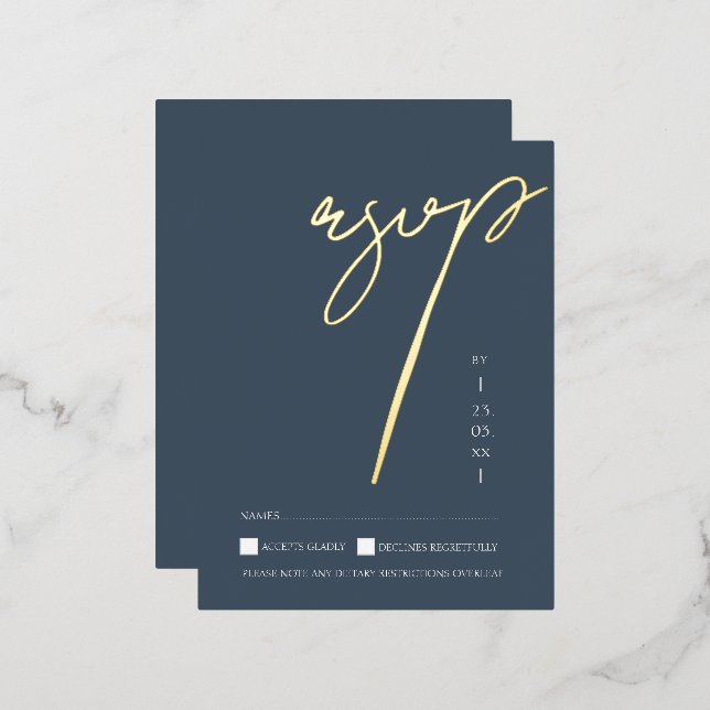 Simple Royal Blue Gold Script Wedding RSVP Gold Foil Invitation Postcard (Front/Back)