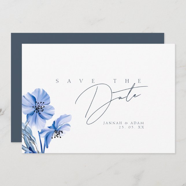 Simple Royal Blue Opulence Floral Wedding Save The Date (Front/Back)