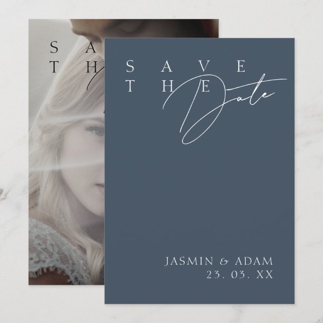 Simple Royal Blue Opulence Modern Photo Wedding Save The Date (Front/Back)