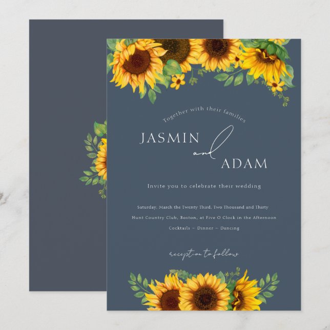 Simple Royal Blue Opulence Sunflowers Wedding Invitation (Front/Back)