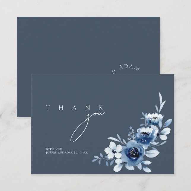 Simple Royal Blue Roses Floral Wedding Thank You Card (Front/Back)