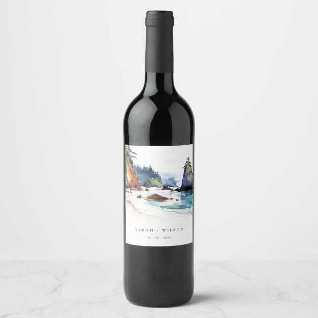 Simple Ruby Beach Olympic National Park Wedding Wine Label (Front)
