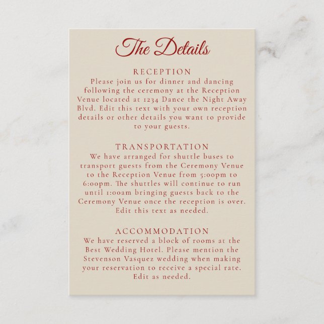 Simple Ruby Red Bone White Wedding Details Enclosure Card (Front)
