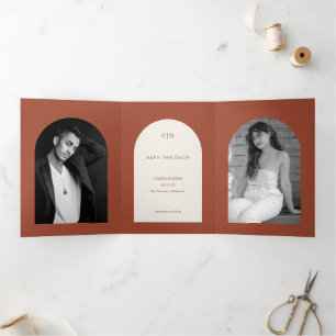 Simple Rust Boho Arch Modern Wedding Save the Date Tri-Fold Announcement