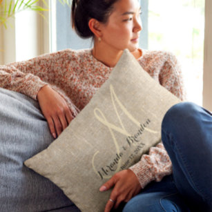 Simple Rustic Beige Burlap Monogram Wedding Lumbar Pillow