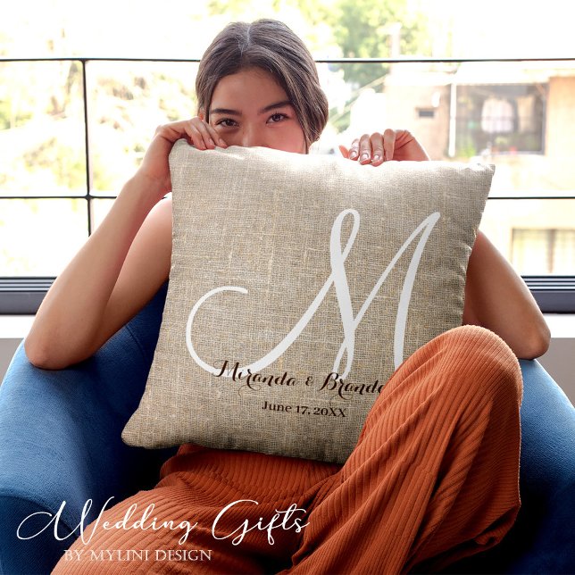 Simple Rustic Beige Burlap Monogram Wedding Throw Pillow (Creator Uploaded)