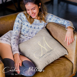 Simple Rustic Beige Burlap Monogrammed Throw Pillow