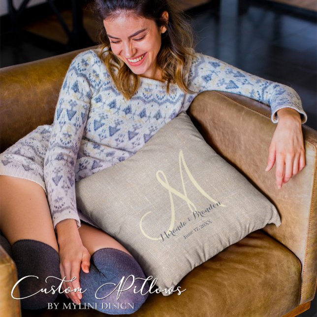 Simple Rustic Beige Burlap Monogrammed Throw Pillow (Creator Uploaded)