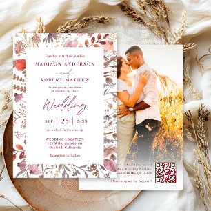 Simple Rustic Boho Chic Photo QR Code Wedding Invitation