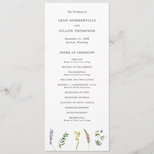 Simple Rustic Boho Floral Wildflower Wedding Program (Front)