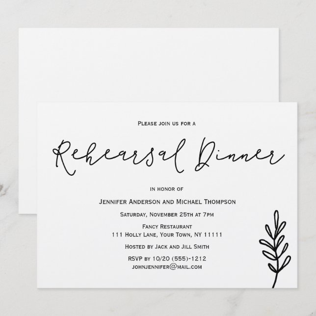 Simple Rustic Botanical Leaf  Rehearsal Dinner Invitation (Front/Back)