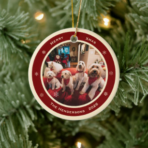 Simple Rustic Custom Photo Year and Greeting Ceramic Ornament