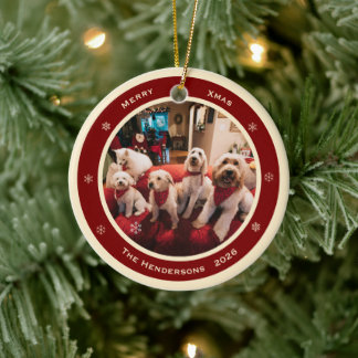 Simple Rustic Custom Photo Year and Greeting Ceramic Ornament