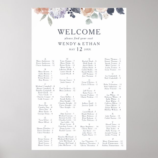 Simple Rustic Floral Alphabetical Seating Chart (Front)