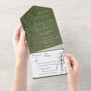 Simple Rustic Green and Black Olive Branch All In One Invitation