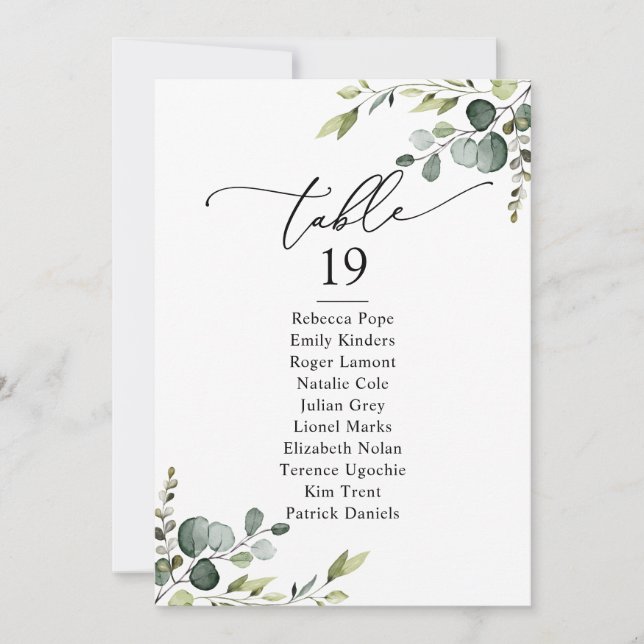 Simple Rustic Greenery Wedding Seating Chart Cards (Front)
