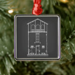 Simple Rustic House Modern Chalkboard Drawing Metal Ornament<br><div class="desc">Tiny House Grey and White Chalkboard Drawing Square Metal Christmas Ornament. This image is from my original ink on mylar hand drawing of a small rustic cottage with charming architectural details and small stone benches each side of door. I modified the image digitally to look like a white chalk drawing...</div>