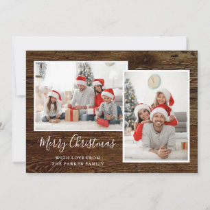 Simple Rustic Look Three Photo Merry Christmas Holiday Card