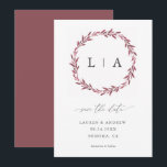 Simple Rustic Mauve Modern Greenery Save The Date<br><div class="desc">Beautiful,  simple,  rustic wedding save the date with mauve-cranberry wreath and initials. Fully customizable with names,  dates,  location and colours to match your wedding theme.</div>