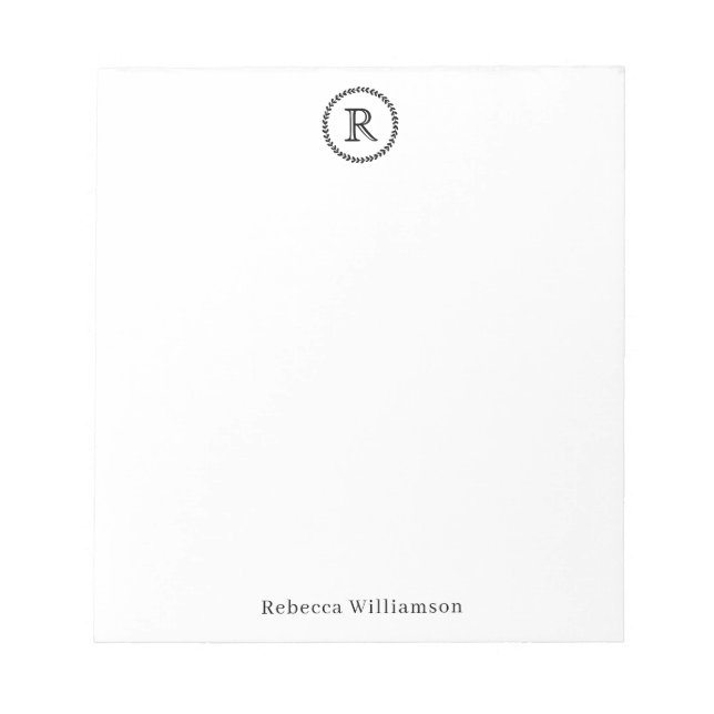 Simple Rustic Modern Minimal Monogram Wreath Black Notepad (Front)