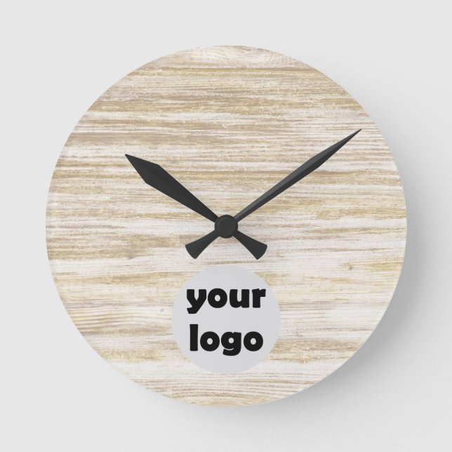 Simple Rustic Natural Beige Wood with Logo Round Clock (Front)