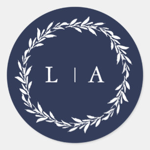 Simple Rustic Navy Blue Modern Greenery Classic Round Sticker