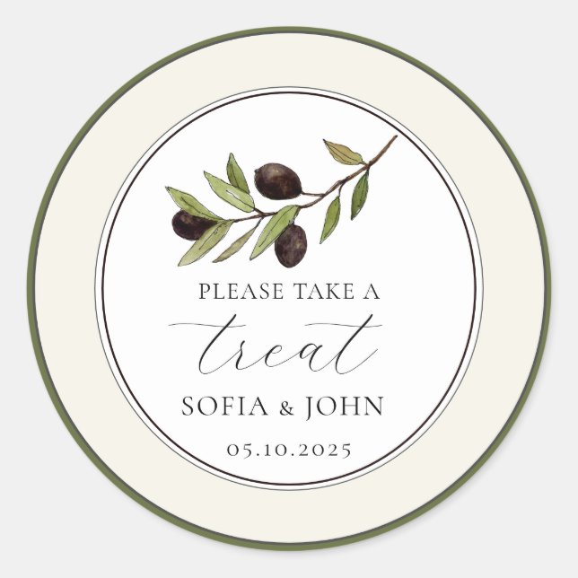 Simple Rustic Olive Branch Wedding Treat  Classic Round Sticker (Front)