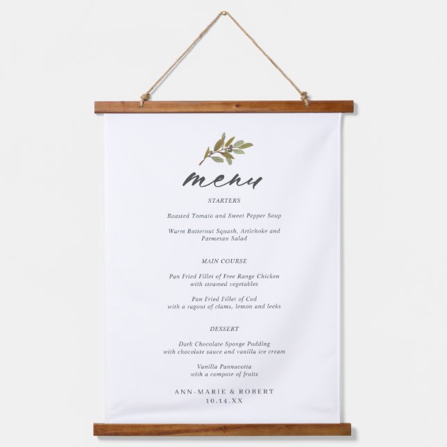 Simple Rustic Olive Wedding Menu Hanging Tapestry (Front)